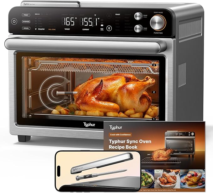 Typhur Sync Oven with Smart Wireless Meat Thermometer Probe, 12‑in‑1 Countertop Air Fryer Toaster Oven Combo, 360° Turbo Convection, Dehydrator, Recipes & 5 Accessories, Large 27QT, Stainless Steel